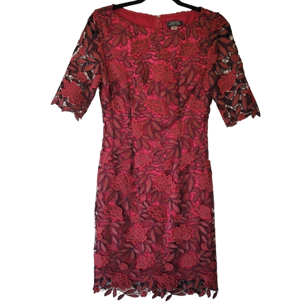 Tahari Red Floral Lace Sheath Dress